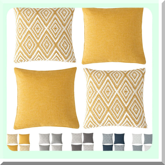 Geometric Linen Cushion Covers Set - 18"x18" Ochre Throw Pillow Set for Living Room Sofa - Decorative Couch Pillow Covers - Pack of 4