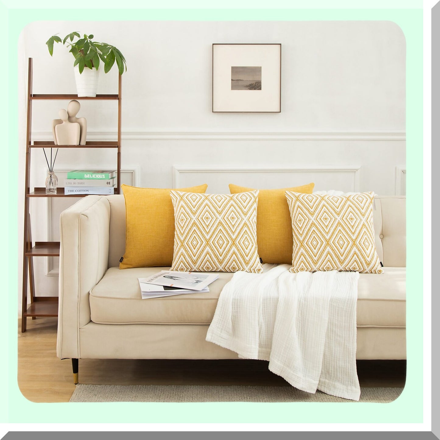 Geometric Linen Cushion Covers Set - 18"x18" Ochre Throw Pillow Set for Living Room Sofa - Decorative Couch Pillow Covers - Pack of 4