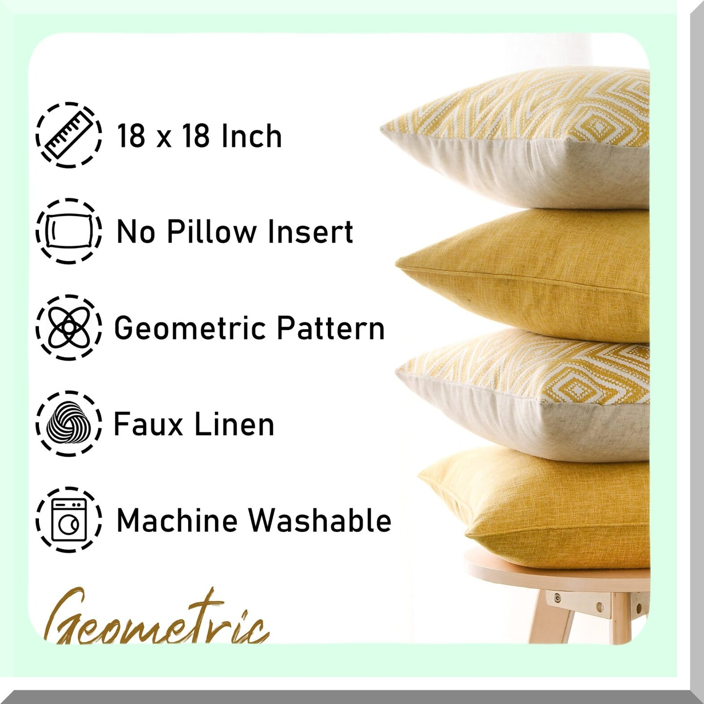 Geometric Linen Cushion Covers Set - 18"x18" Ochre Throw Pillow Set for Living Room Sofa - Decorative Couch Pillow Covers - Pack of 4