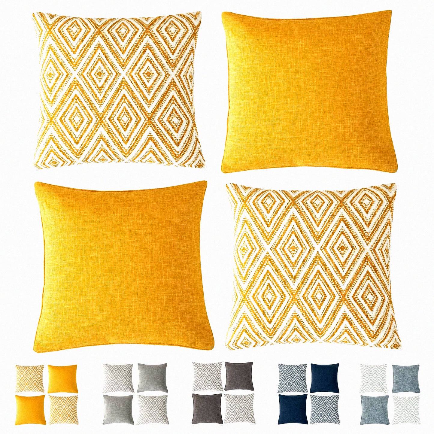 Geometric Linen Cushion Covers Set - 18"x18" Ochre Throw Pillow Set for Living Room Sofa - Decorative Couch Pillow Covers - Pack of 4