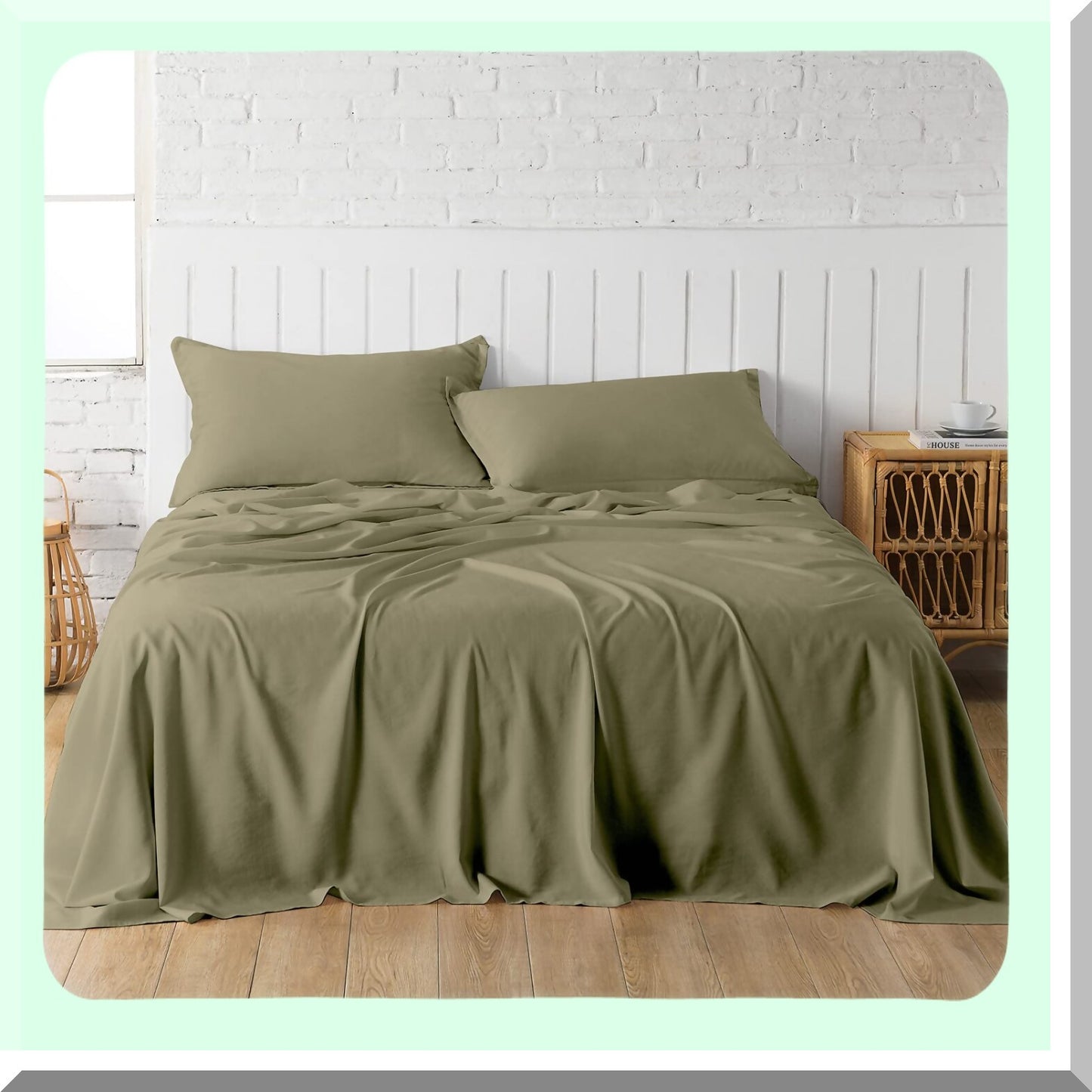 Bamboo Cotton Cool Sheets Set - Twin Size | Soft & Breathable | Durable Natural Bedding | Olive Green Linen-Textured | Hot Sleeper Friendly | 15" Deep Pocket | 3 Piece