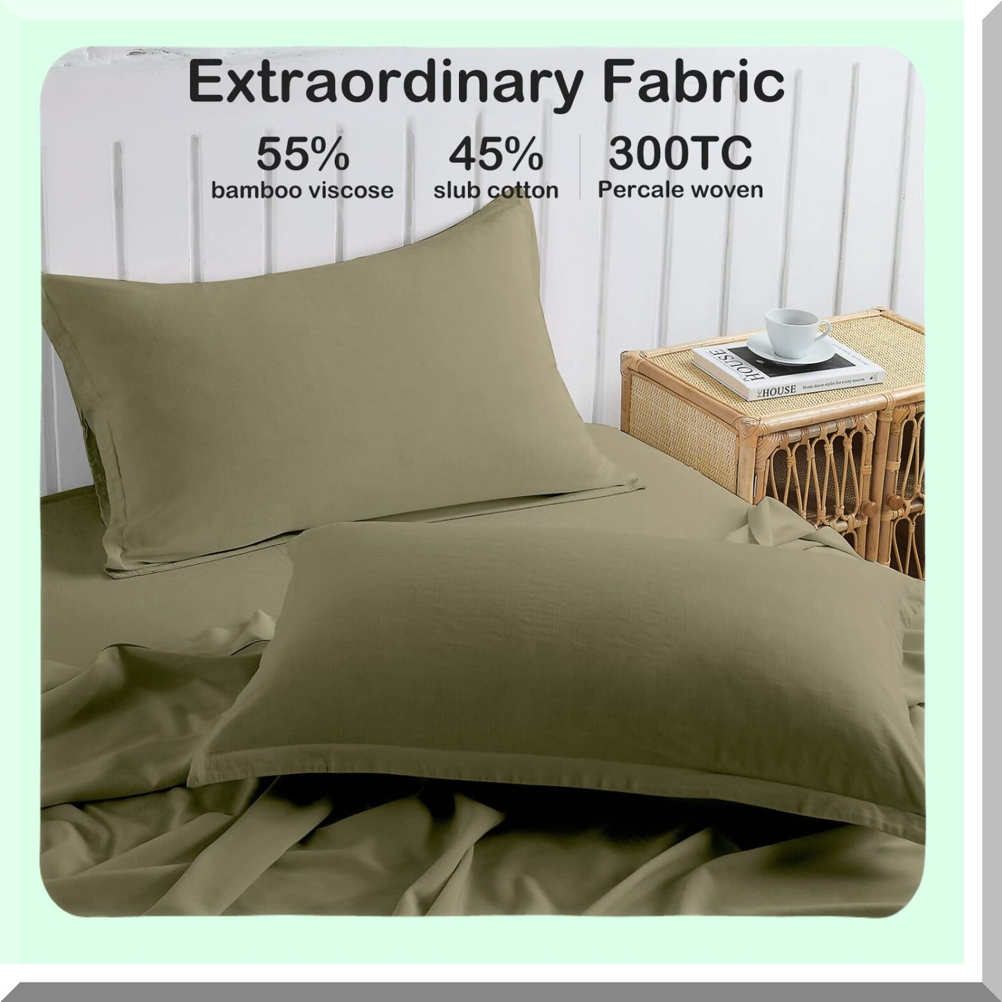 Bamboo Cotton Cool Sheets Set - Twin Size | Soft & Breathable | Durable Natural Bedding | Olive Green Linen-Textured | Hot Sleeper Friendly | 15" Deep Pocket | 3 Piece