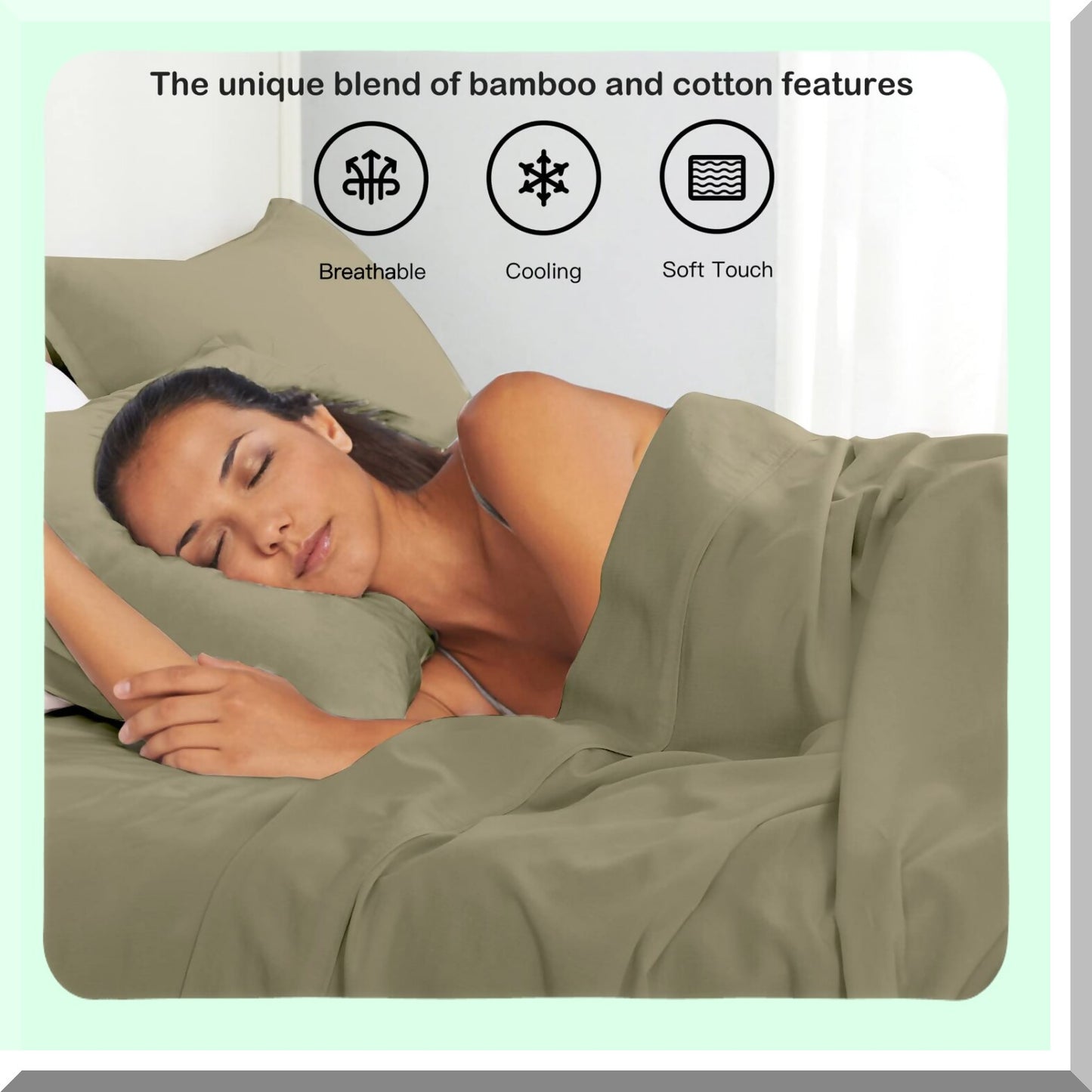 Bamboo Cotton Cool Sheets Set - Twin Size | Soft & Breathable | Durable Natural Bedding | Olive Green Linen-Textured | Hot Sleeper Friendly | 15" Deep Pocket | 3 Piece