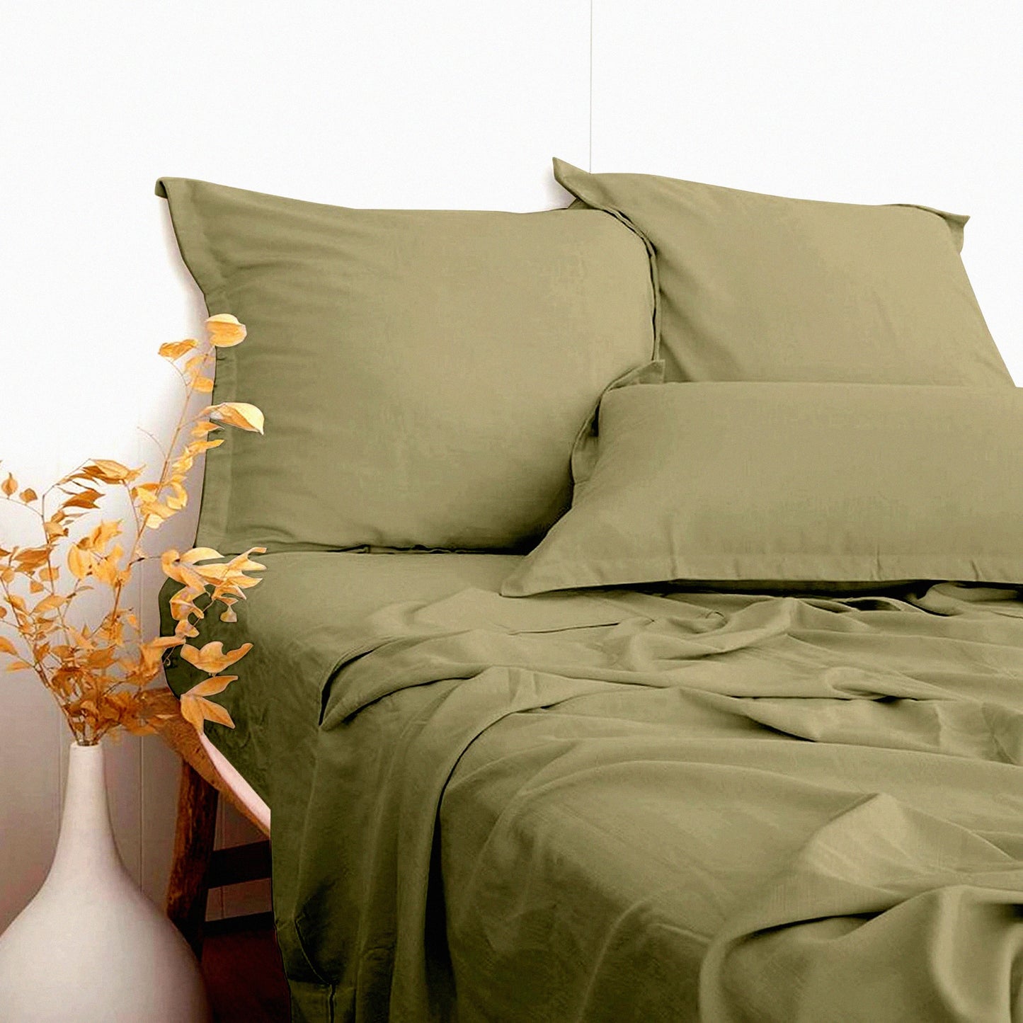 Bamboo Cotton Cool Sheets Set - Twin Size | Soft & Breathable | Durable Natural Bedding | Olive Green Linen-Textured | Hot Sleeper Friendly | 15" Deep Pocket | 3 Piece