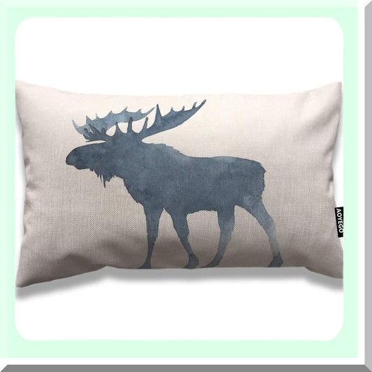 Winter Moose Horns Decorative Pillow Cover - 12x20 Inch Blue White Cotton Linen Cushion Case for Bed Sofa - Cute Animal Snow Rectangle Home Decor