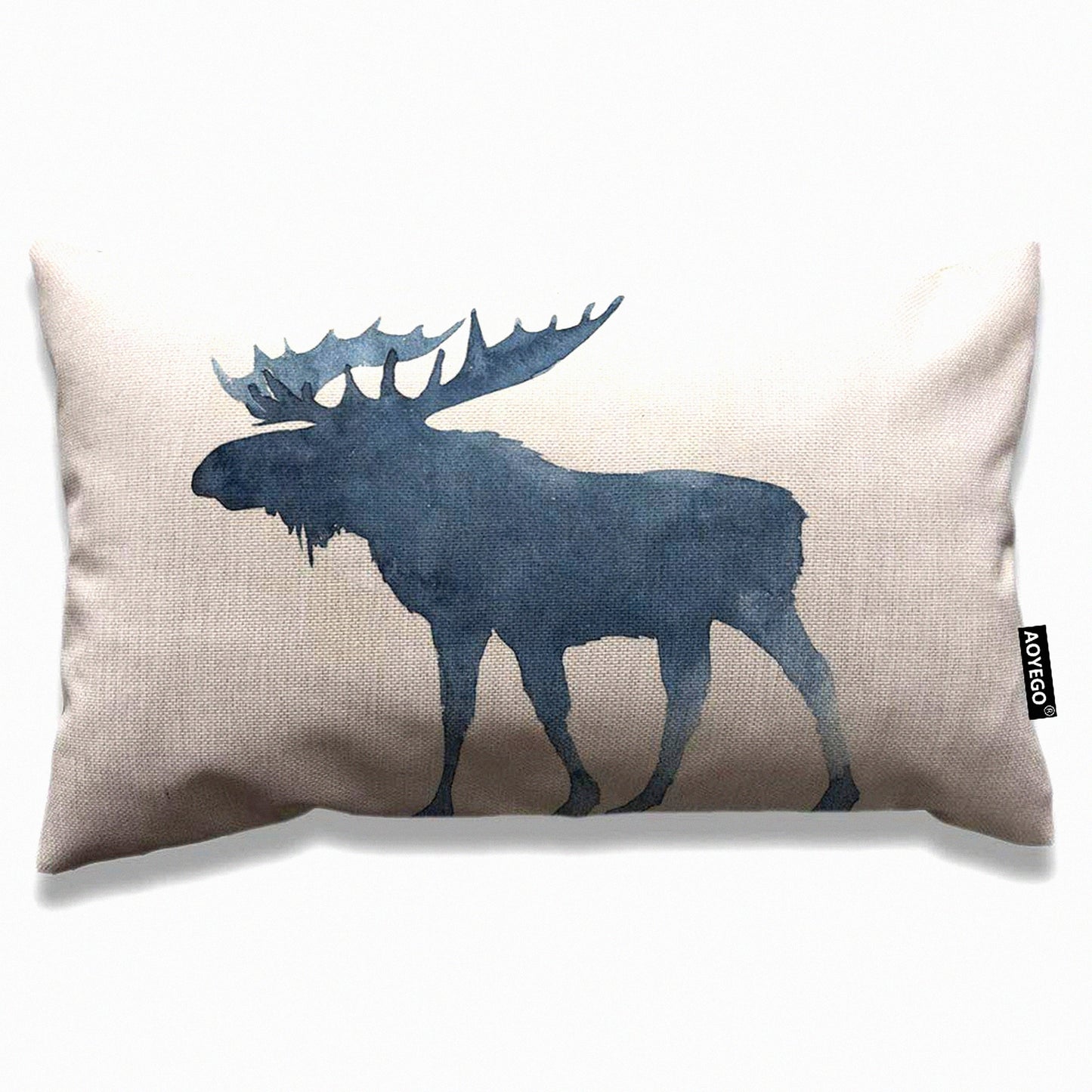Winter Moose Horns Decorative Pillow Cover - 12x20 Inch Blue White Cotton Linen Cushion Case for Bed Sofa - Cute Animal Snow Rectangle Home Decor