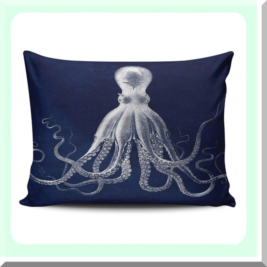 Nautical Octopus Customizable Pillowcase - Navy Decorative Cushion Cover 12x16 Inch Boudoir Size with Hidden Zipper - Rectangle Throw Pillow Printed Design
