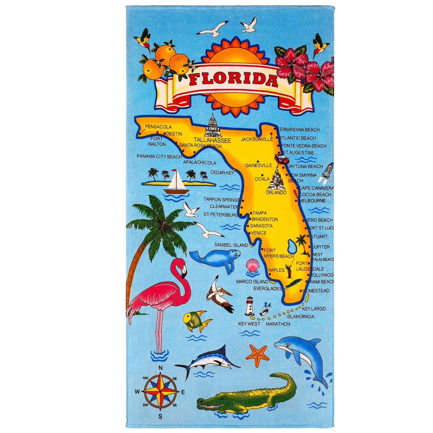 Florida Beach Towel 30 x 60 inch 100% Cotton Flamingo Map