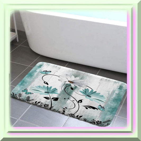 Rustic Farmhouse Teal Daisy Bathroom Rug 17x29