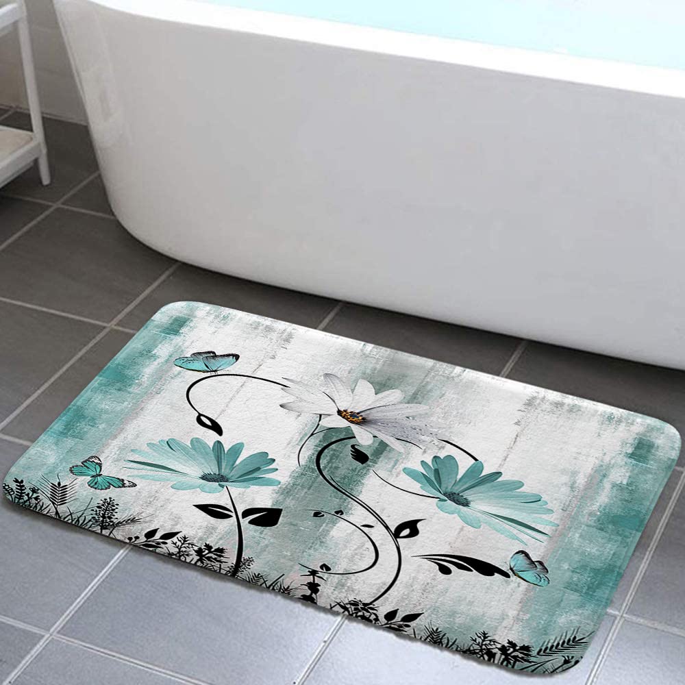 Rustic Farmhouse Teal Daisy Bathroom Rug 17x29