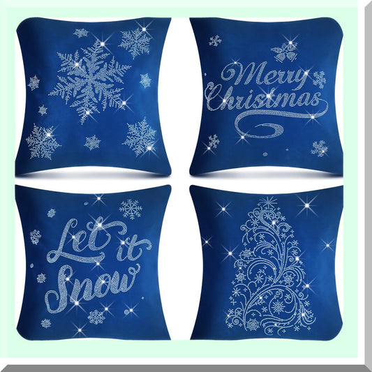 Snowflake Velvet Rhinestone Pillow Covers - Set of 4, 18x18 Inch Decorative Winter Holiday Throw Pillow Cover for Couch Sofa Outdoor Decoration, Navy Blue