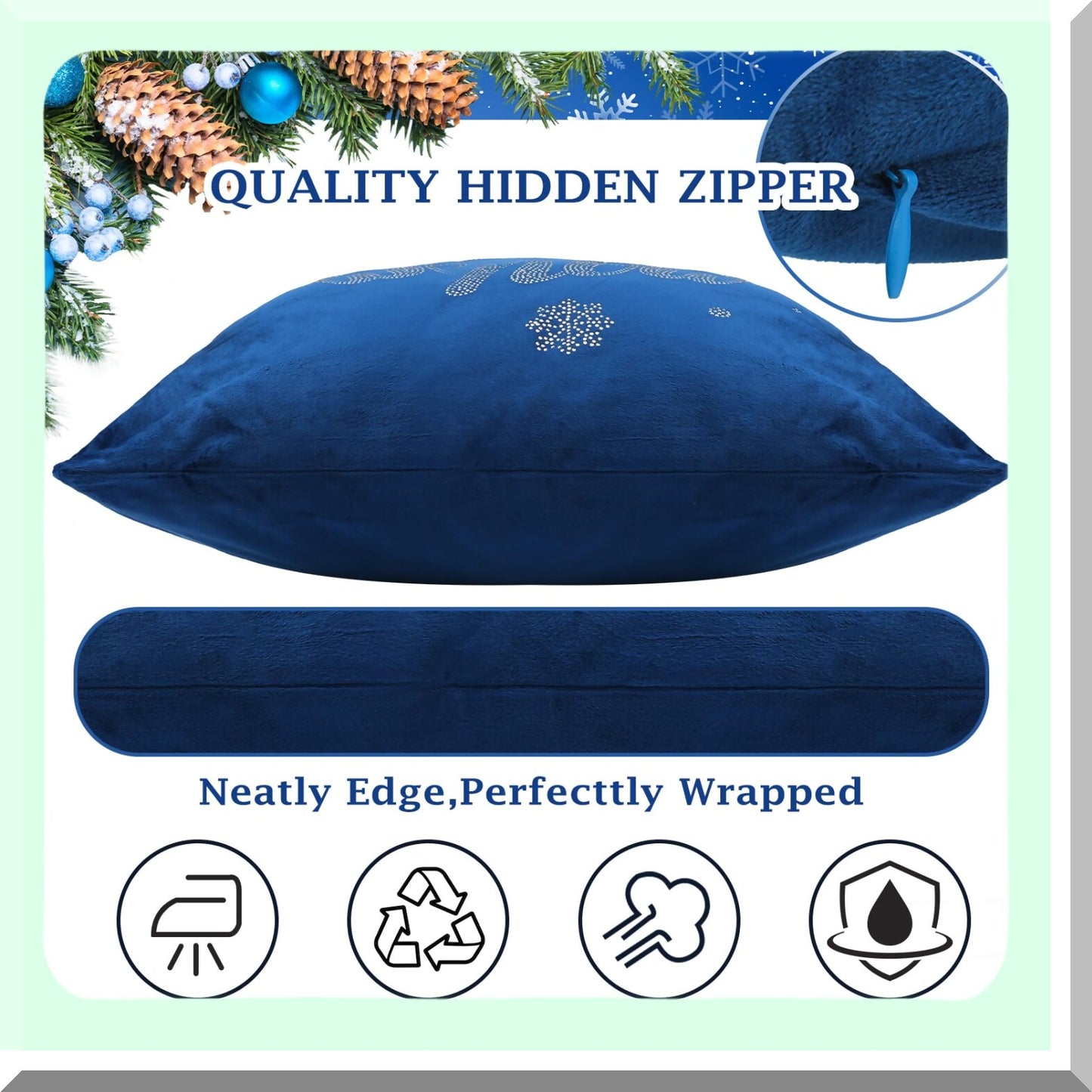 Snowflake Velvet Rhinestone Pillow Covers - Set of 4, 18x18 Inch Decorative Winter Holiday Throw Pillow Cover for Couch Sofa Outdoor Decoration, Navy Blue