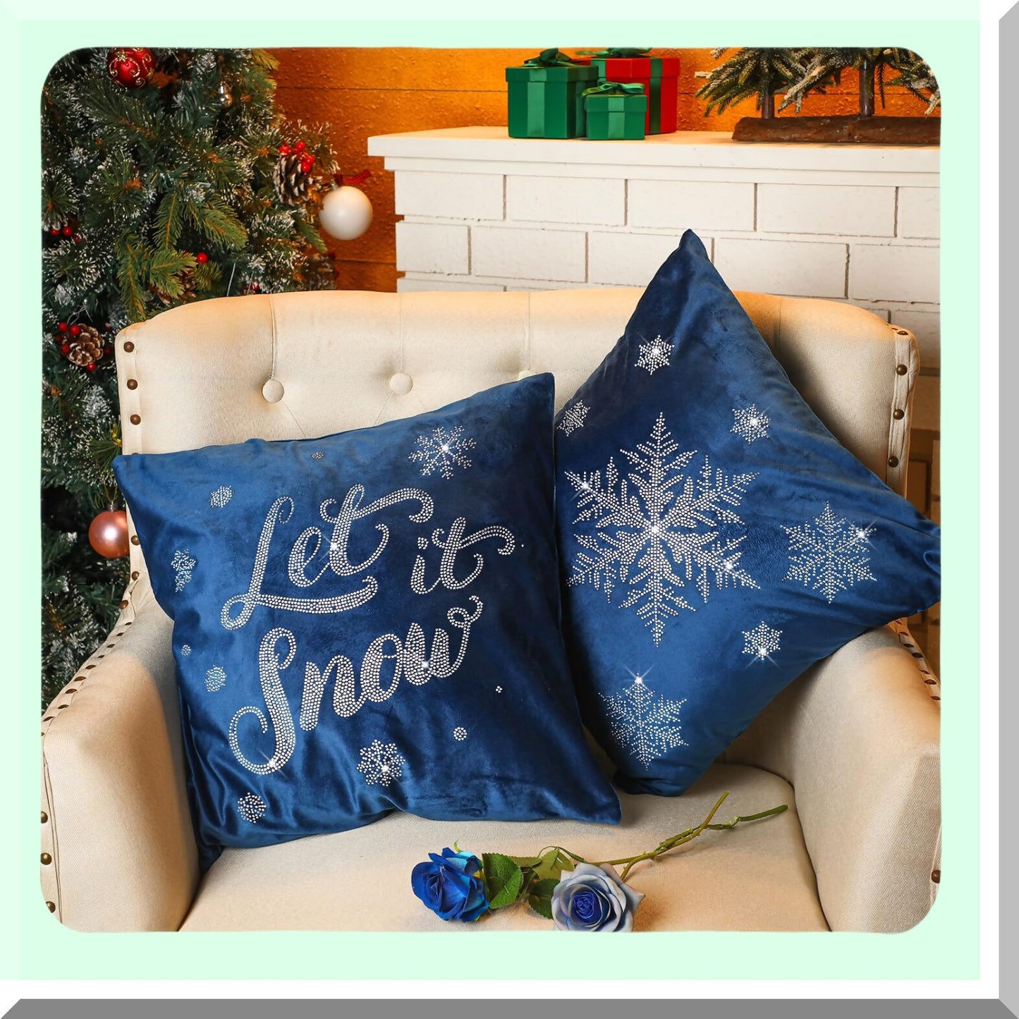 Snowflake Velvet Rhinestone Pillow Covers - Set of 4, 18x18 Inch Decorative Winter Holiday Throw Pillow Cover for Couch Sofa Outdoor Decoration, Navy Blue