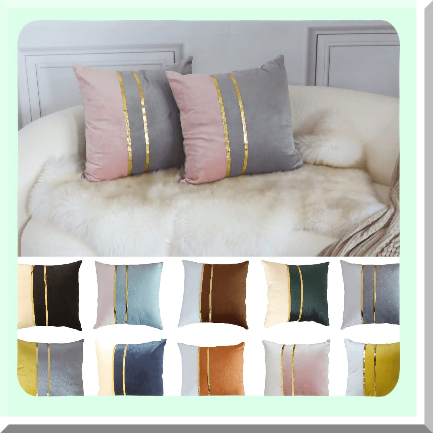 Luxury Velvet Gold Multicolor Pillow Covers - Set of 2 | Decorative 18x18 Cushion Covers for Pink/Grey Home Decor - Soft & Stylish Accent Pieces