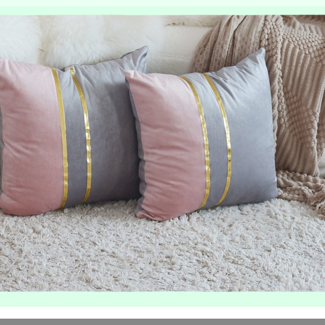Luxury Velvet Gold Multicolor Pillow Covers - Set of 2 | Decorative 18x18 Cushion Covers for Pink/Grey Home Decor - Soft & Stylish Accent Pieces