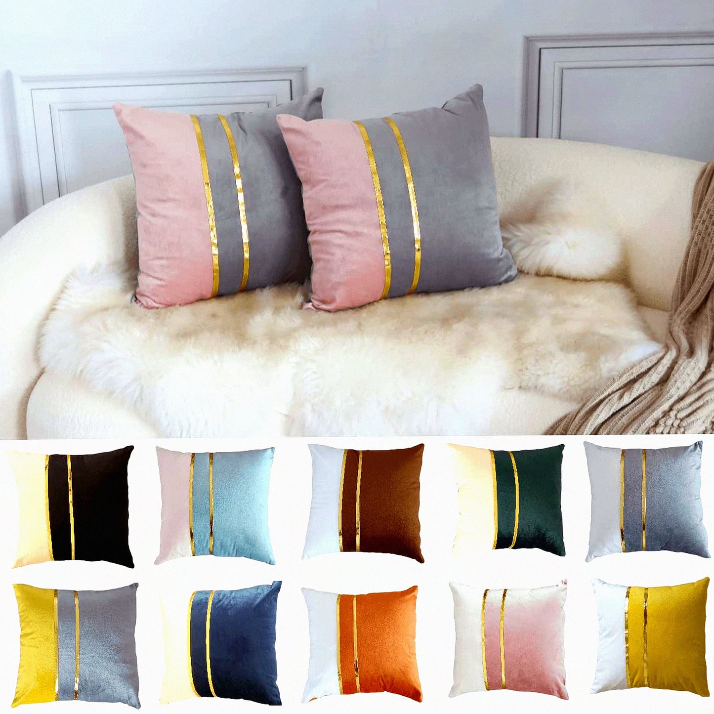 Luxury Velvet Gold Multicolor Pillow Covers - Set of 2 | Decorative 18x18 Cushion Covers for Pink/Grey Home Decor - Soft & Stylish Accent Pieces