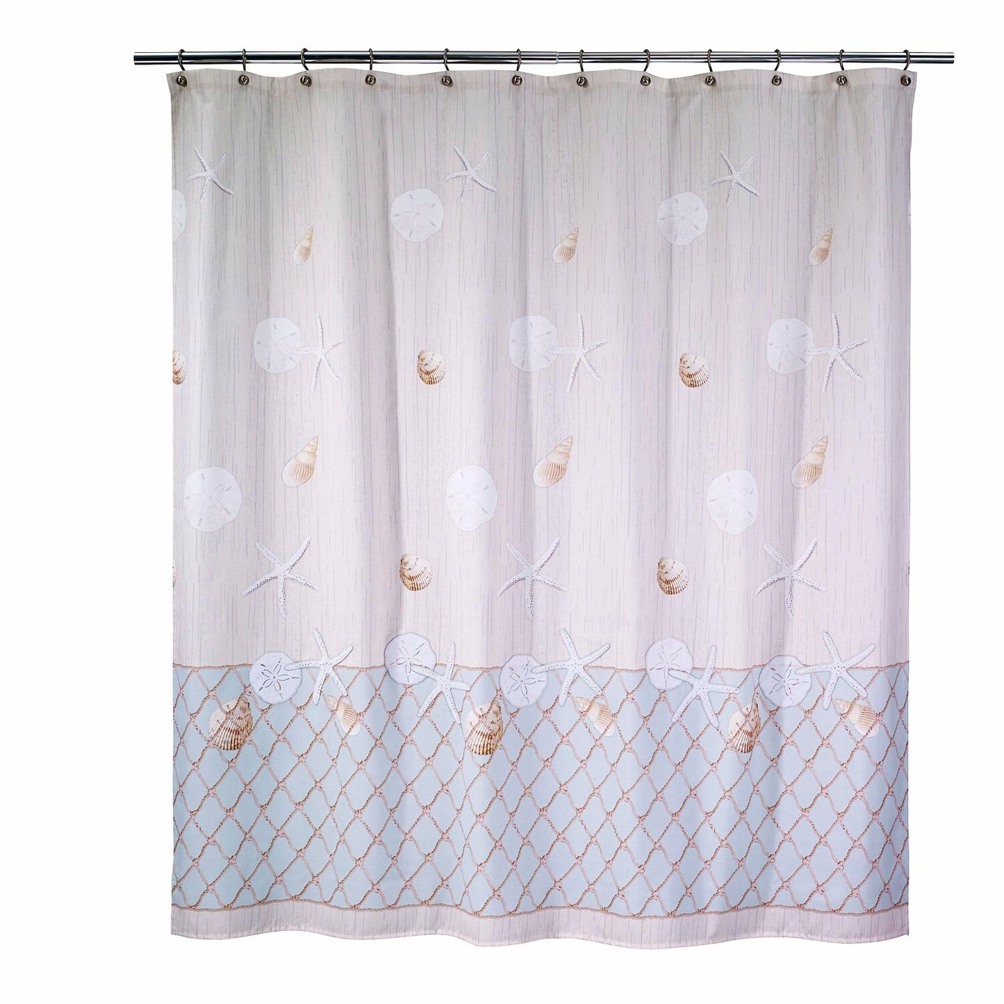 Fabric Shower Curtain with Shells and Starfish Design