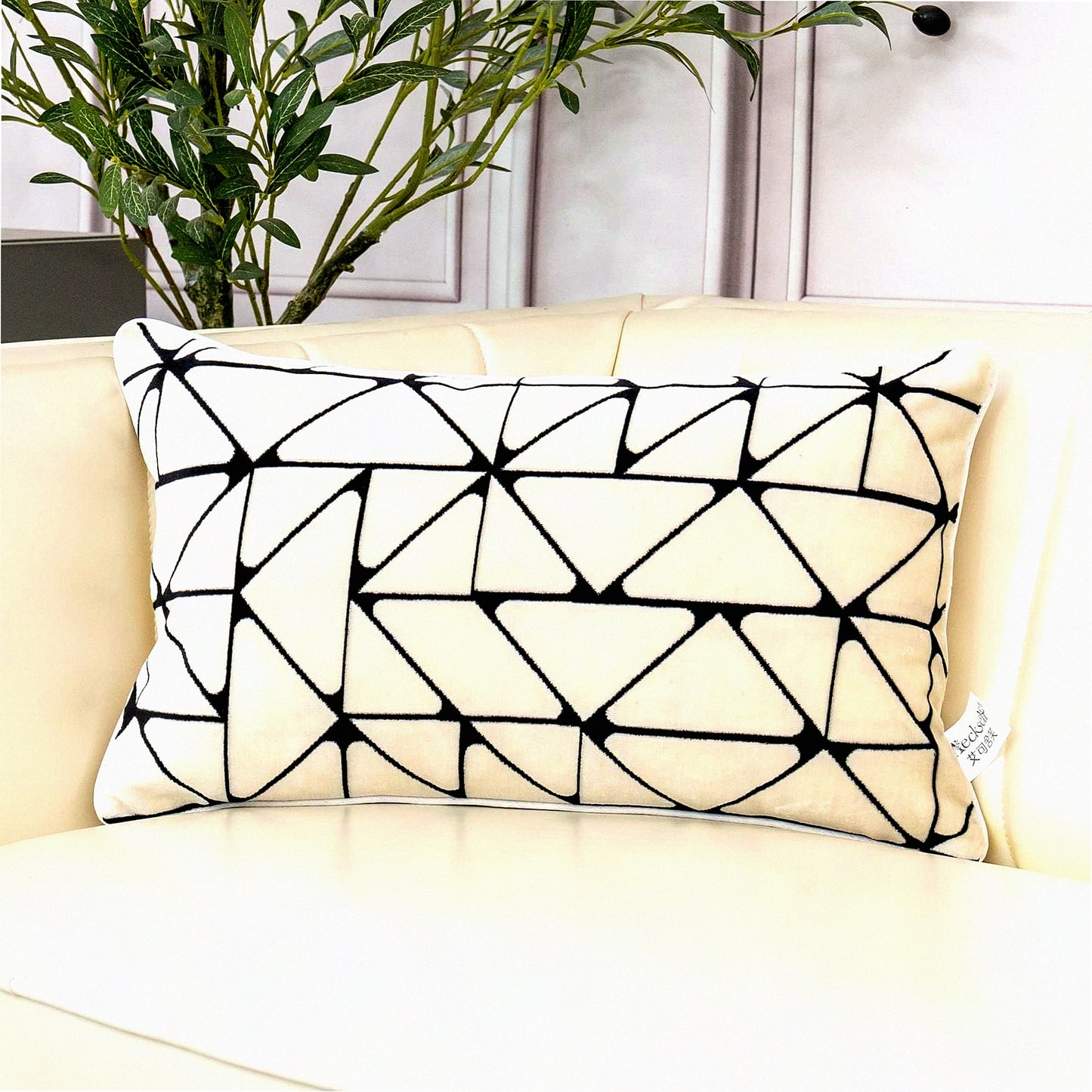 Luxury Geometric Plaid Velvet Lumbar Pillow Cover - Modern Stripes Throw Pillowcase for Couch or Bed - White Black Rectangle Decorative Cushion Case 12x20"