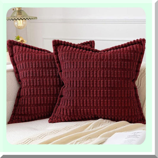 Burgundy Corduroy Striped Pillowcase Set - 2 Pack Soft Decorative Throw Pillow Covers with Broad Edge - Modern Boho Home Decor for Couch Sofa Bed 18x18 Inch