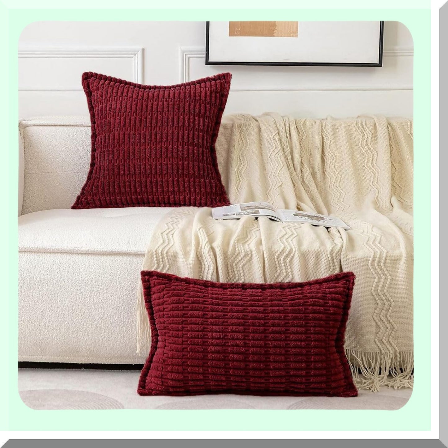 Burgundy Corduroy Striped Pillowcase Set - 2 Pack Soft Decorative Throw Pillow Covers with Broad Edge - Modern Boho Home Decor for Couch Sofa Bed 18x18 Inch