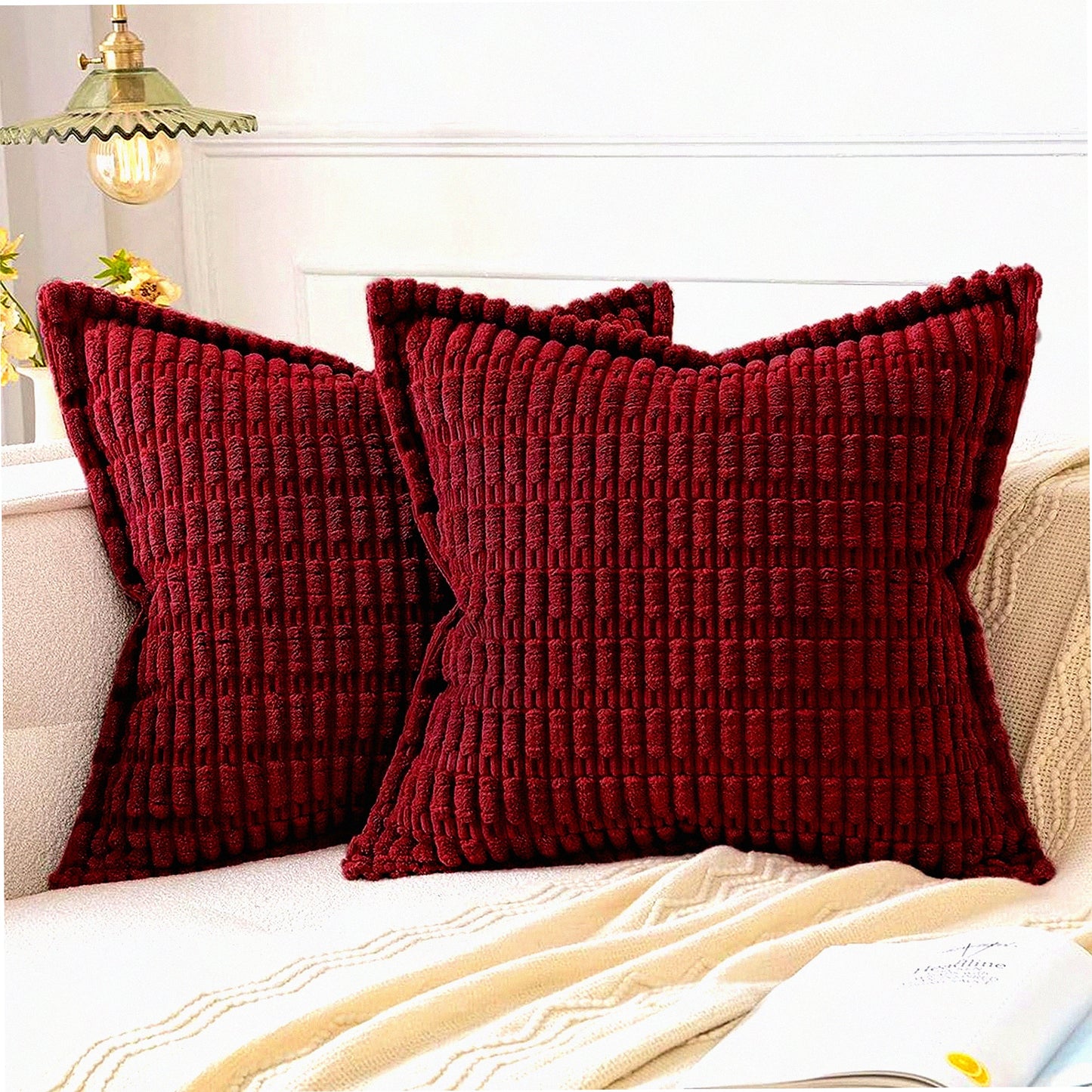 Burgundy Corduroy Striped Pillowcase Set - 2 Pack Soft Decorative Throw Pillow Covers with Broad Edge - Modern Boho Home Decor for Couch Sofa Bed 18x18 Inch