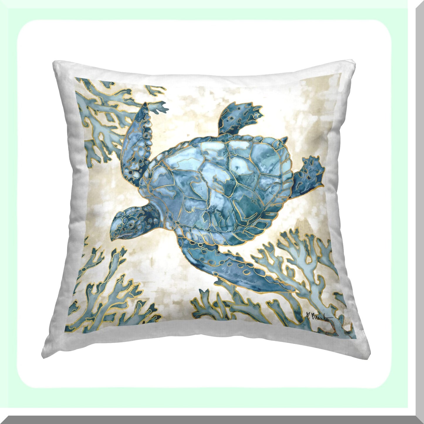 Oceanic Blue Turtle Coral Reef Throw Pillow - Coastal Decorative Cushion with Sea Turtle Design by Paul Brent - 18 x 18 inches