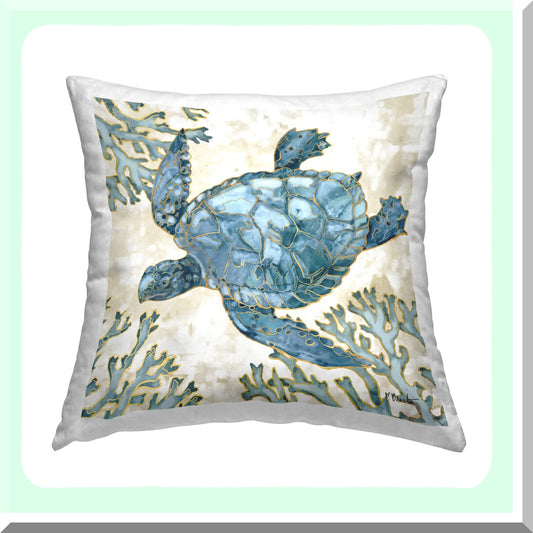 Oceanic Blue Turtle Coral Reef Throw Pillow - Coastal Decorative Cushion with Sea Turtle Design by Paul Brent - 18 x 18 inches