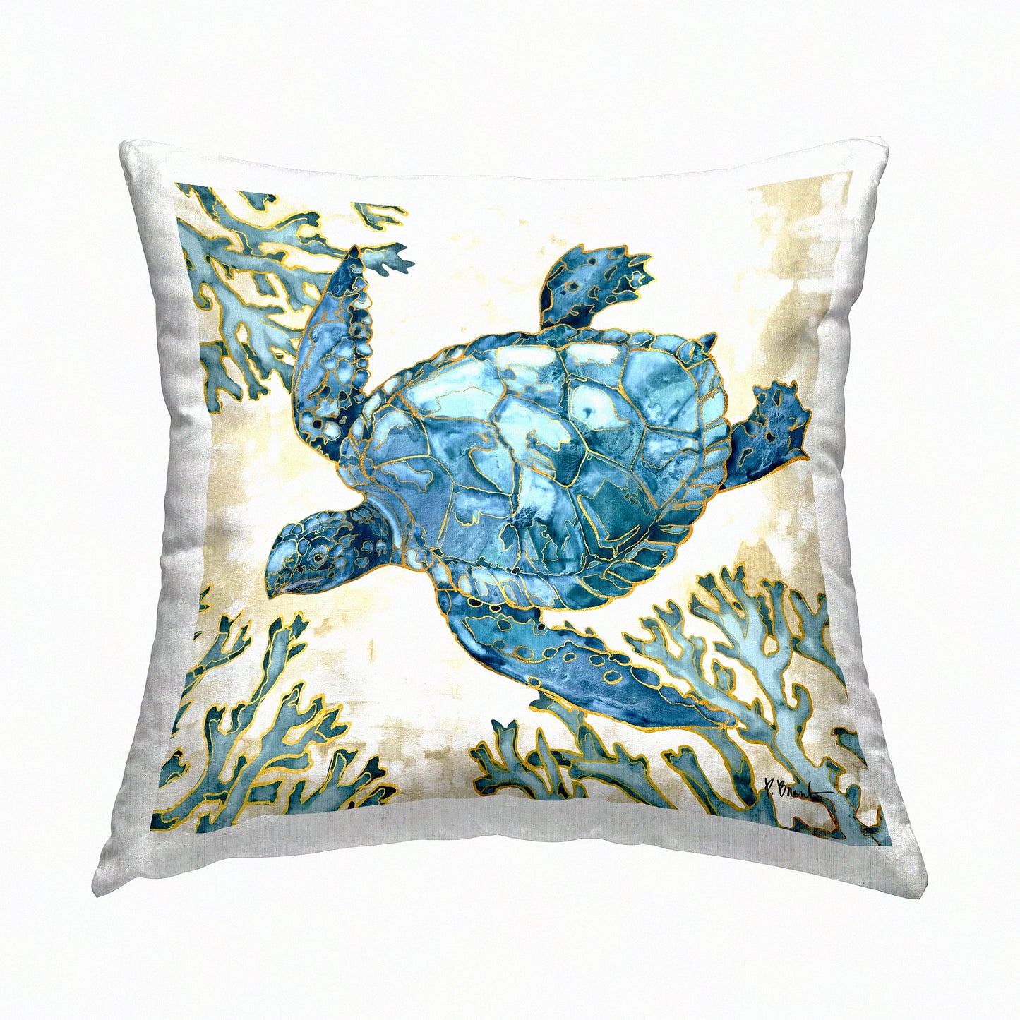 Oceanic Blue Turtle Coral Reef Throw Pillow - Coastal Decorative Cushion with Sea Turtle Design by Paul Brent - 18 x 18 inches