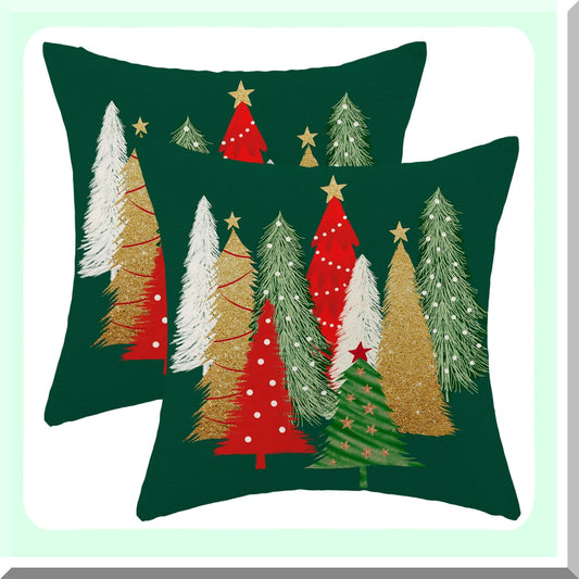 Winter Wonderland Tree Pillow Covers - Set of 2 Colorful 16x16 Inch Throw Pillows Case, Stars Holiday Outdoor Decorative Farmhouse Green Decor Cushion Covers for Home Sofa Bed Couch