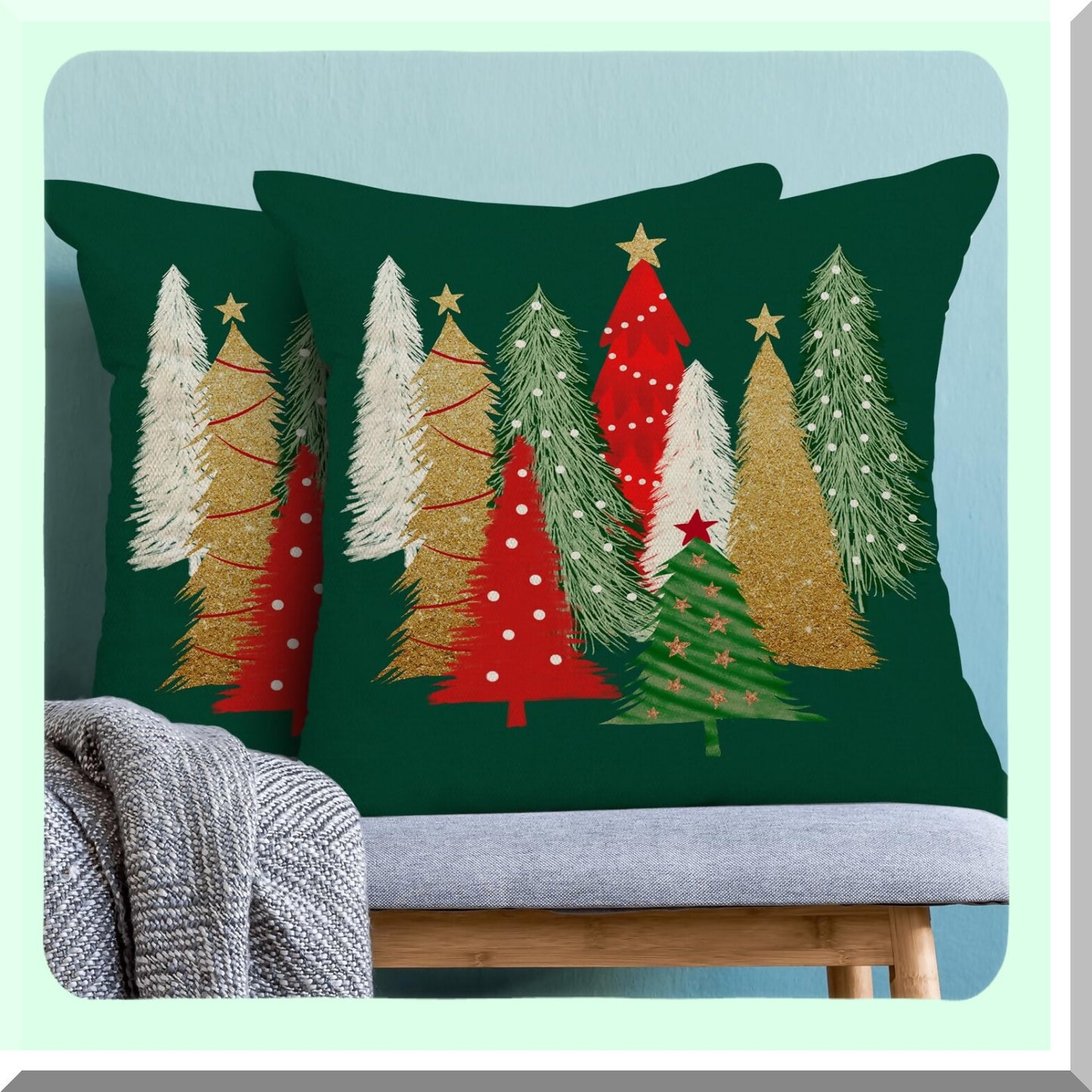 Winter Wonderland Tree Pillow Covers - Set of 2 Colorful 16x16 Inch Throw Pillows Case, Stars Holiday Outdoor Decorative Farmhouse Green Decor Cushion Covers for Home Sofa Bed Couch