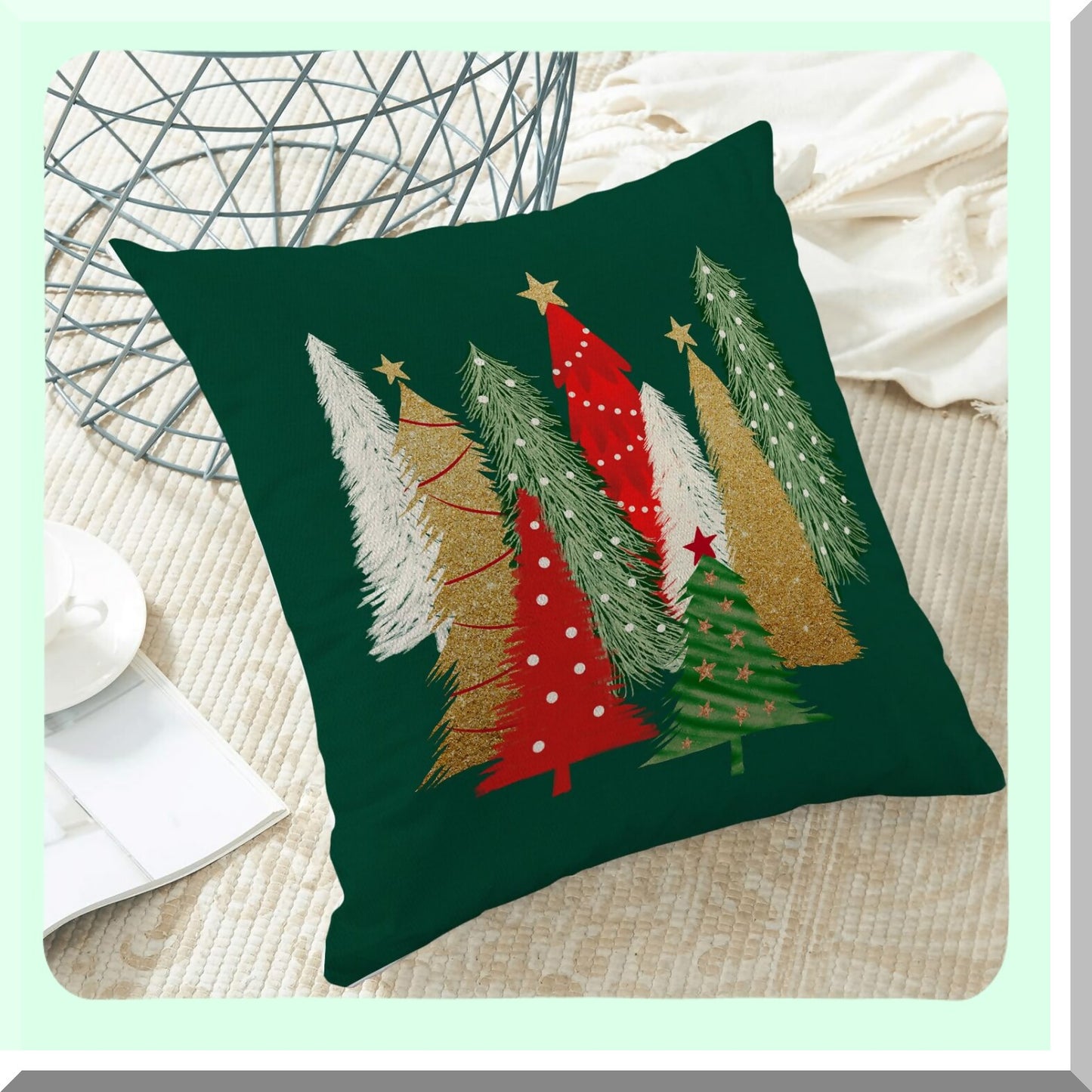 Winter Wonderland Tree Pillow Covers - Set of 2 Colorful 16x16 Inch Throw Pillows Case, Stars Holiday Outdoor Decorative Farmhouse Green Decor Cushion Covers for Home Sofa Bed Couch