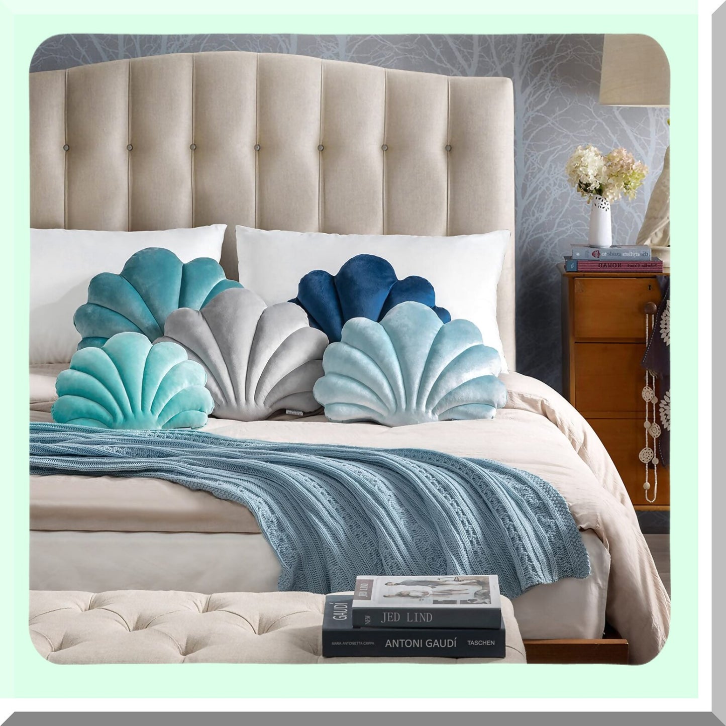 Velvet Shell 3D Accent Pillow - Soft Insert Included - Couch Bed Living Room Cushion - Light Blue - 18 X 13 inches