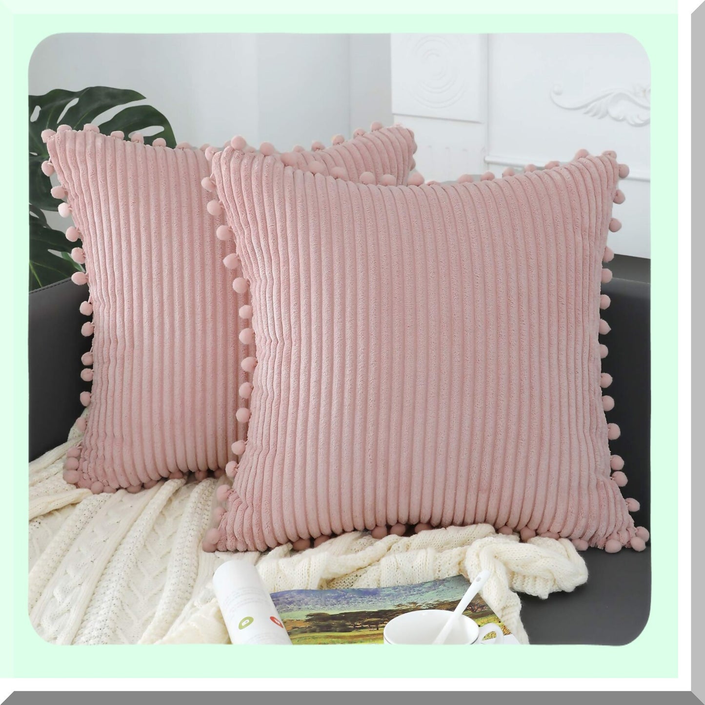 Soft Striped Boho Pom Pom Pillow Covers - Blush Pink 18x18 Inch Farmhouse Decor for Couch, Sofa, Bed, Chair - Pack of 2 Outdoor Throw Pillows