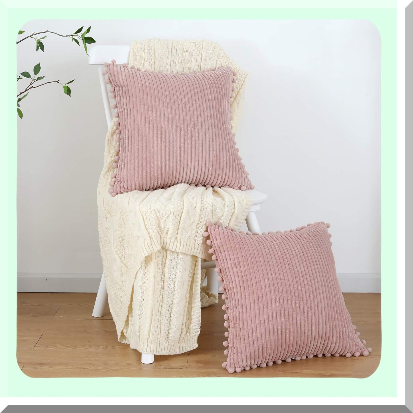 Soft Striped Boho Pom Pom Pillow Covers - Blush Pink 18x18 Inch Farmhouse Decor for Couch, Sofa, Bed, Chair - Pack of 2 Outdoor Throw Pillows