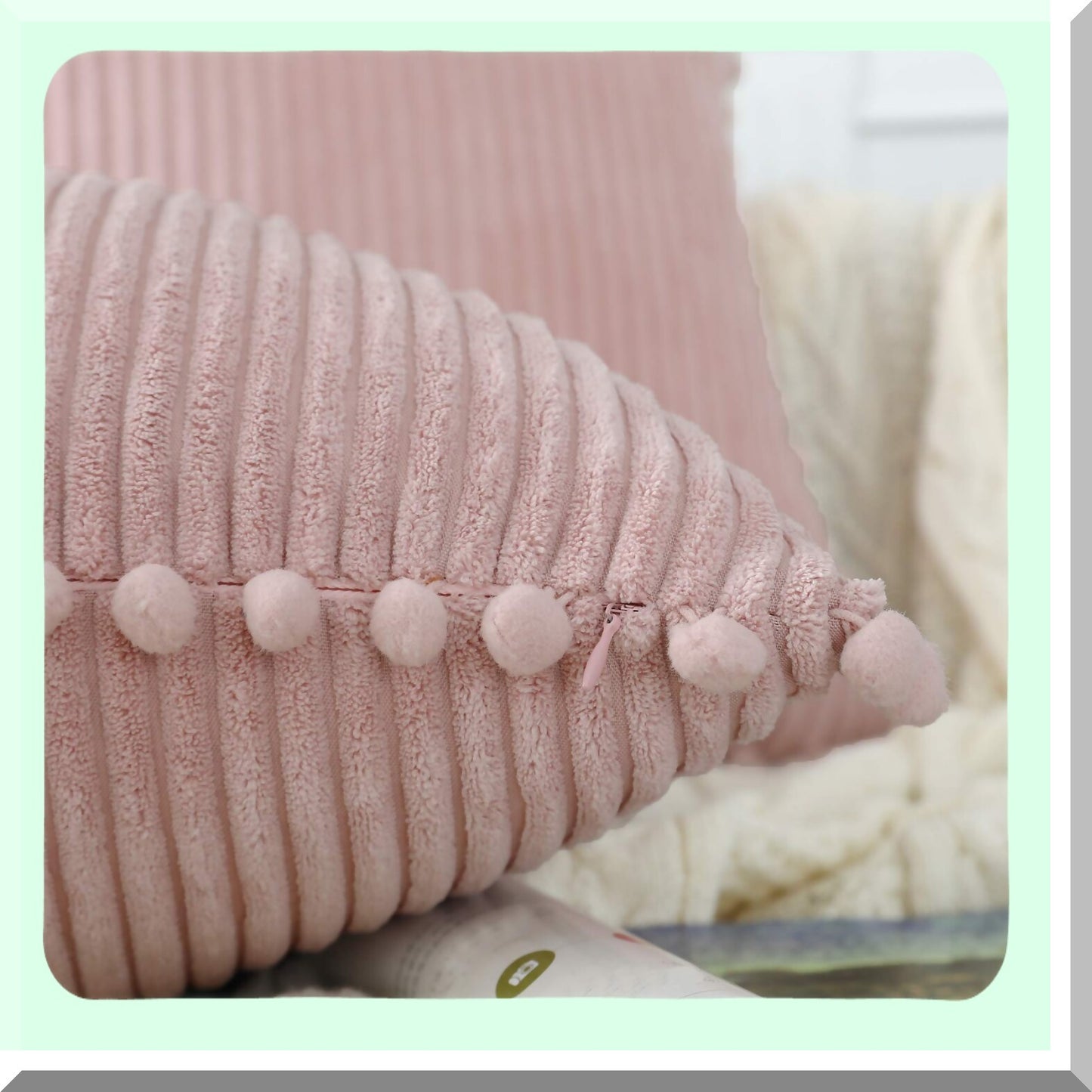 Soft Striped Boho Pom Pom Pillow Covers - Blush Pink 18x18 Inch Farmhouse Decor for Couch, Sofa, Bed, Chair - Pack of 2 Outdoor Throw Pillows