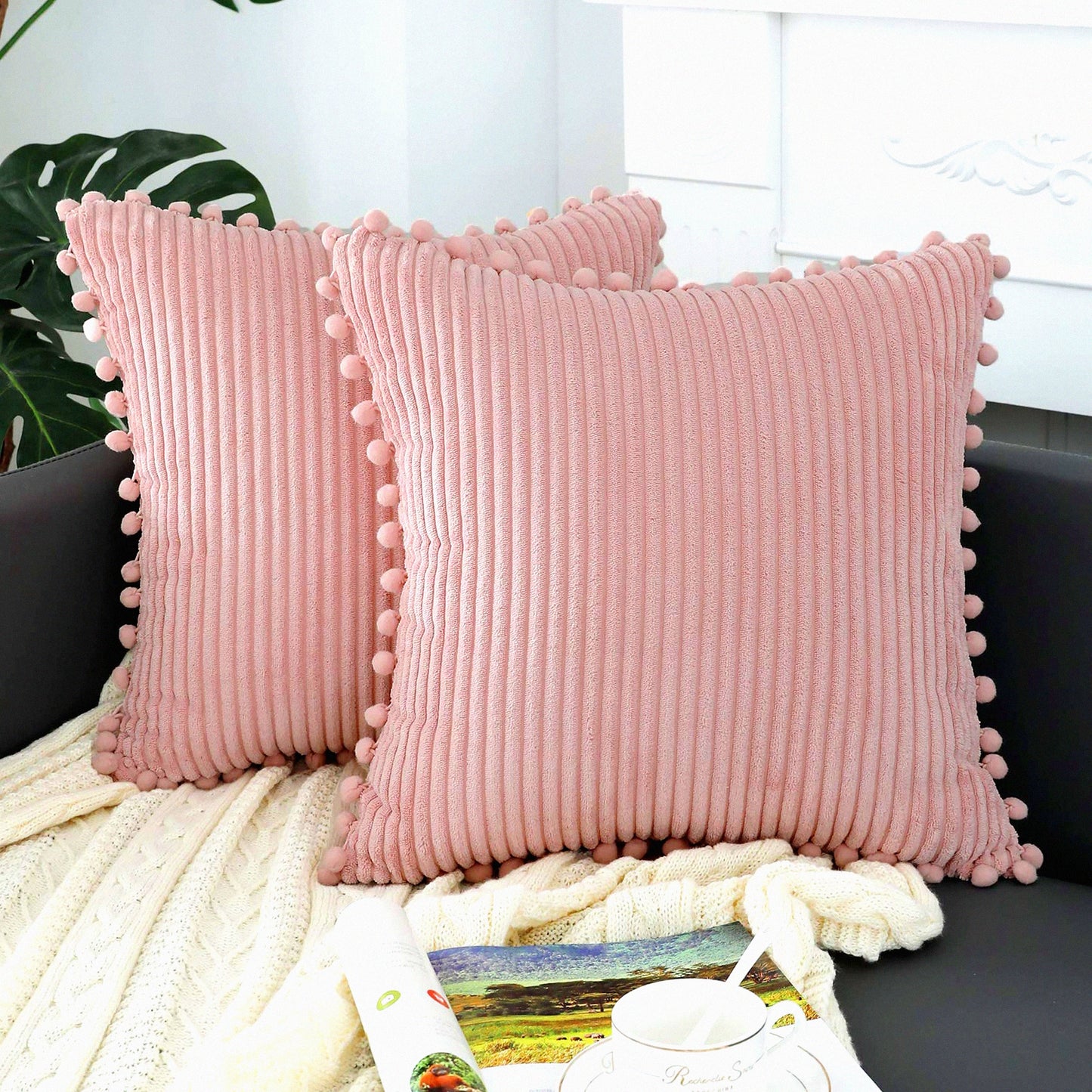 Soft Striped Boho Pom Pom Pillow Covers - Blush Pink 18x18 Inch Farmhouse Decor for Couch, Sofa, Bed, Chair - Pack of 2 Outdoor Throw Pillows