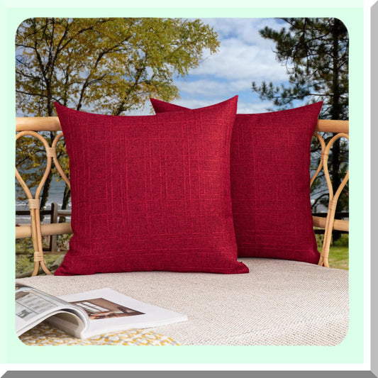 Waterproof Farmhouse Checkered Outdoor Pillow Covers - Set of 2 Red 18x18 inch - Decorative Solid Cushion Cases for Patio Garden Porch Sofa