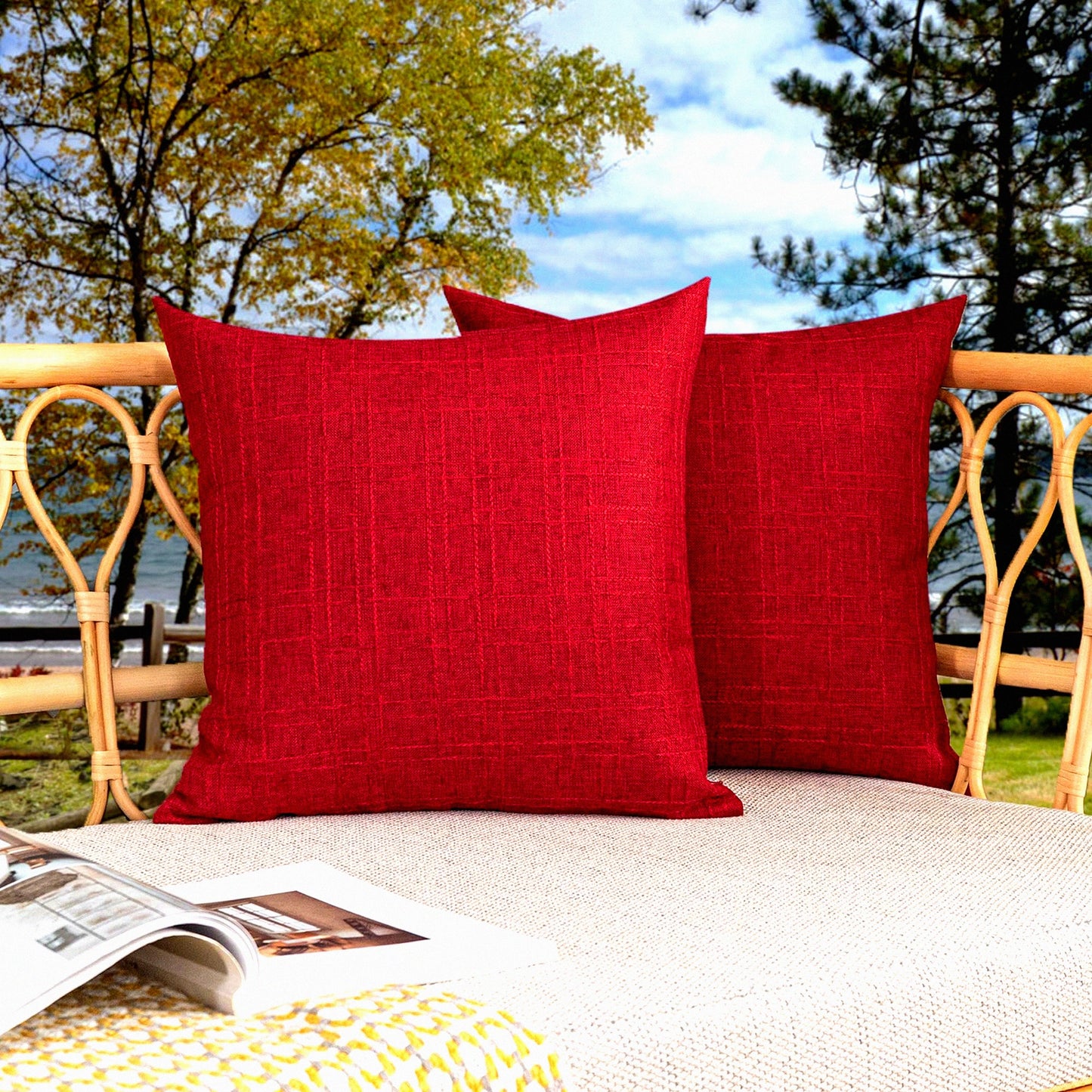 Waterproof Farmhouse Checkered Outdoor Pillow Covers - Set of 2 Red 18x18 inch - Decorative Solid Cushion Cases for Patio Garden Porch Sofa