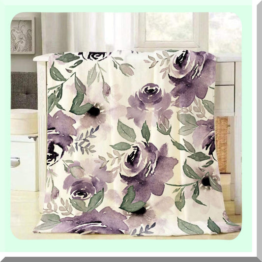 Vintage Purple Floral Watercolor Throw Blanket - Soft Cozy Flannel Plush for Bedding, Sofa, Couch - 50x60 Inch