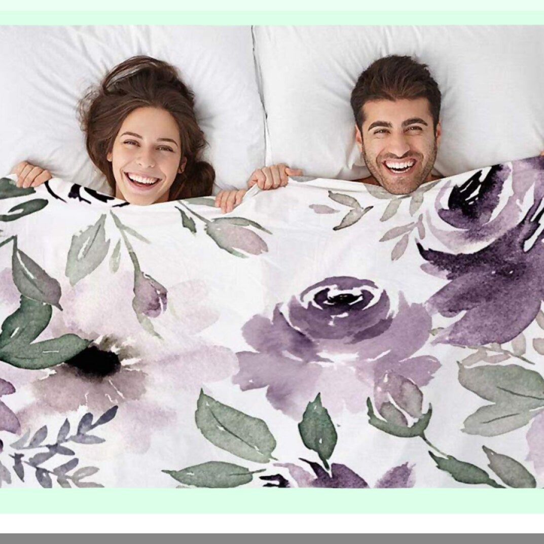 Vintage Purple Floral Watercolor Throw Blanket - Soft Cozy Flannel Plush for Bedding, Sofa, Couch - 50x60 Inch