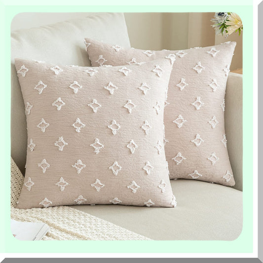 Boho Chic Tufted Rhombic Pillow Covers - Set of 2 Beige Decorative Throw Pillowcases 26x26 for Couch, Sofa, Bed & Living Room Decor - Soft & Cute