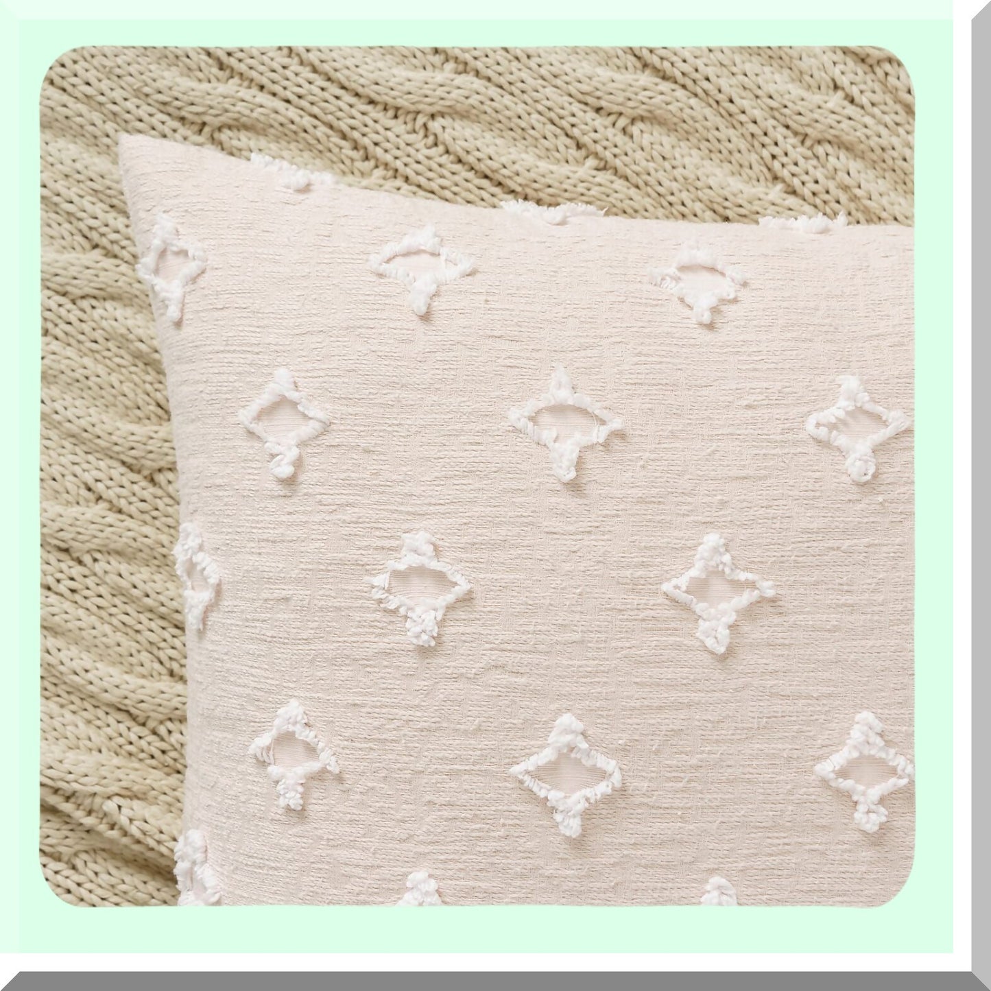 Boho Chic Tufted Rhombic Pillow Covers - Set of 2 Beige Decorative Throw Pillowcases 26x26 for Couch, Sofa, Bed & Living Room Decor - Soft & Cute