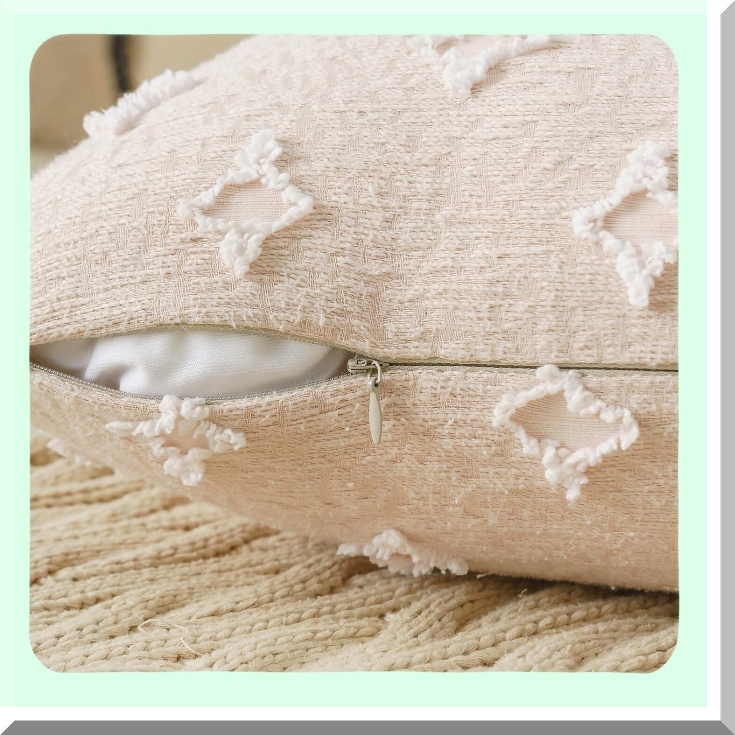 Boho Chic Tufted Rhombic Pillow Covers - Set of 2 Beige Decorative Throw Pillowcases 26x26 for Couch, Sofa, Bed & Living Room Decor - Soft & Cute