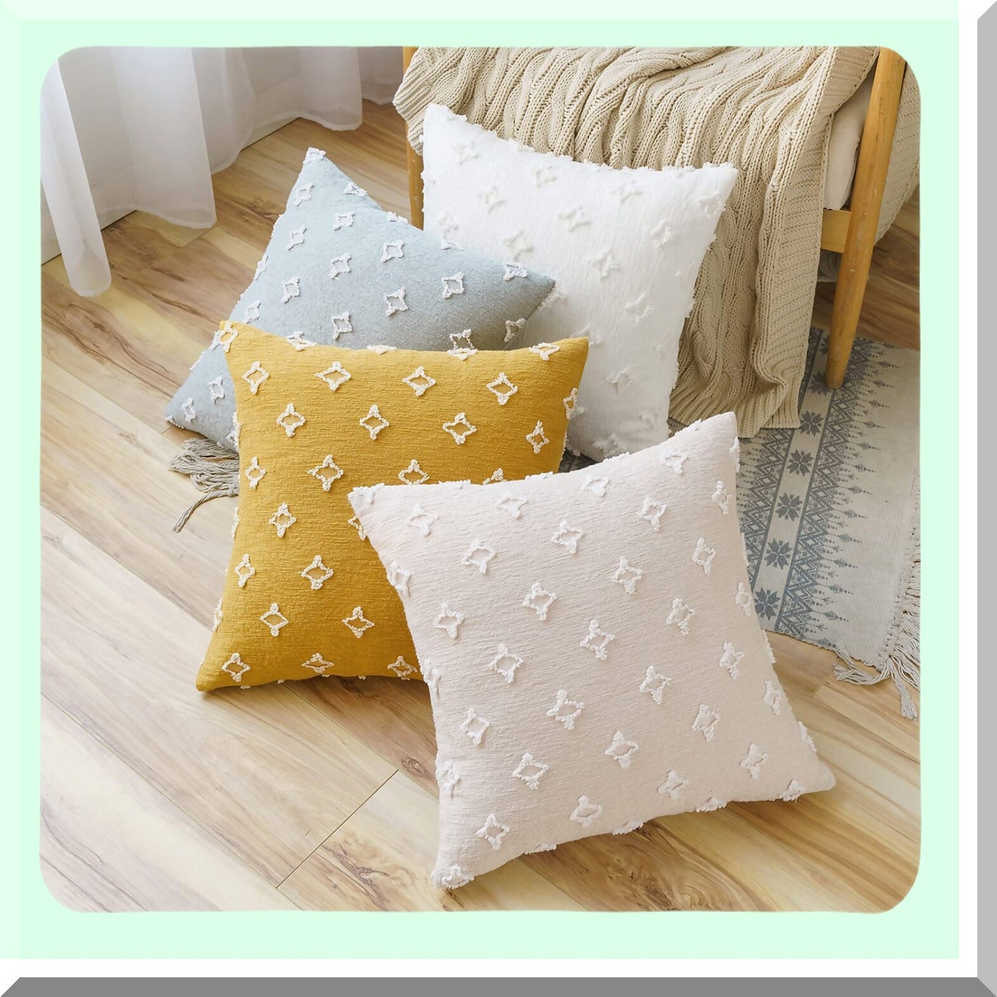 Boho Chic Tufted Rhombic Pillow Covers - Set of 2 Beige Decorative Throw Pillowcases 26x26 for Couch, Sofa, Bed & Living Room Decor - Soft & Cute