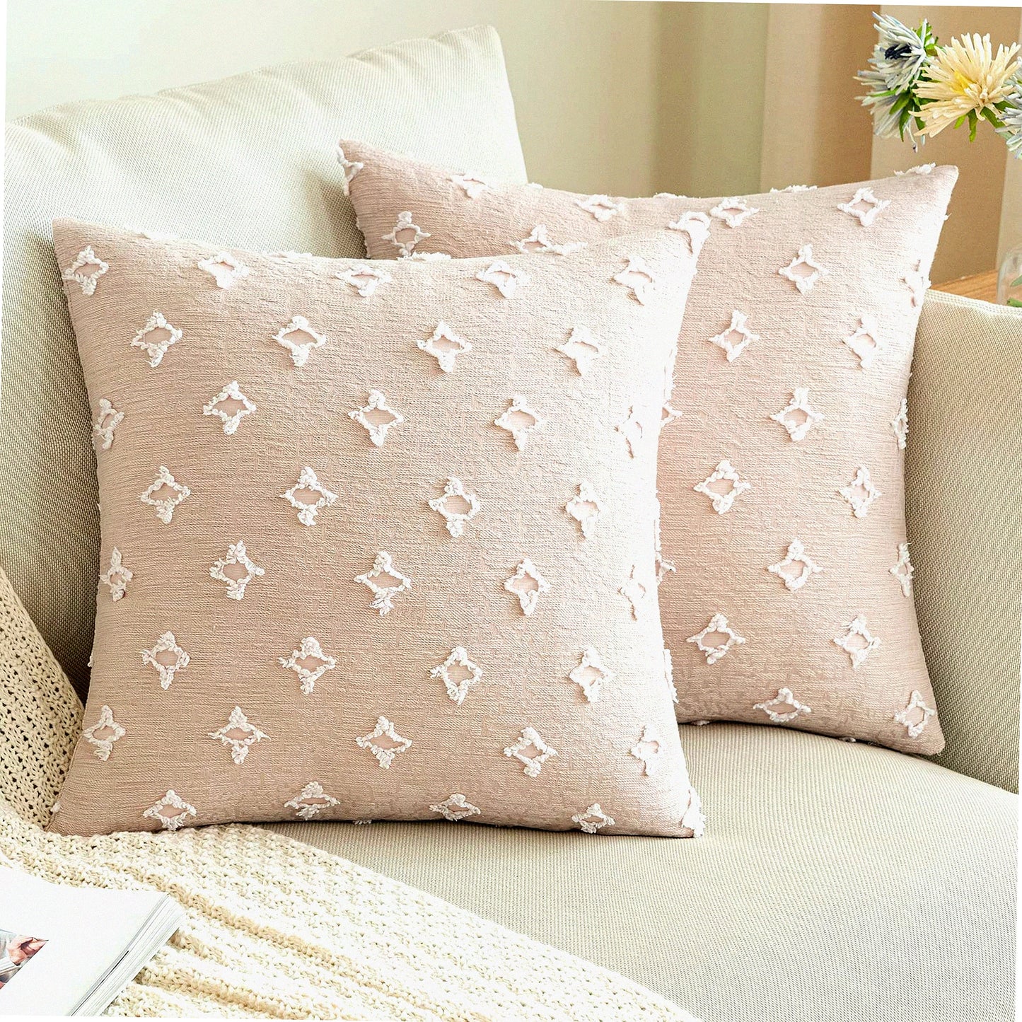 Boho Chic Tufted Rhombic Pillow Covers - Set of 2 Beige Decorative Throw Pillowcases 26x26 for Couch, Sofa, Bed & Living Room Decor - Soft & Cute