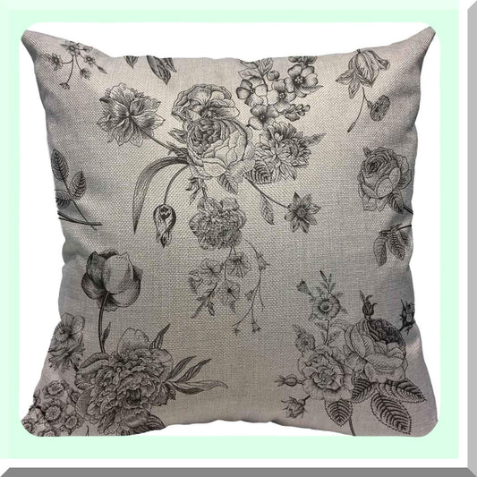 Vintage Garden Floral Pillow Cover - Black Flowers & White Roses Tulips Delphinium Petunia Decorative Cushion Case 18x18 Inch