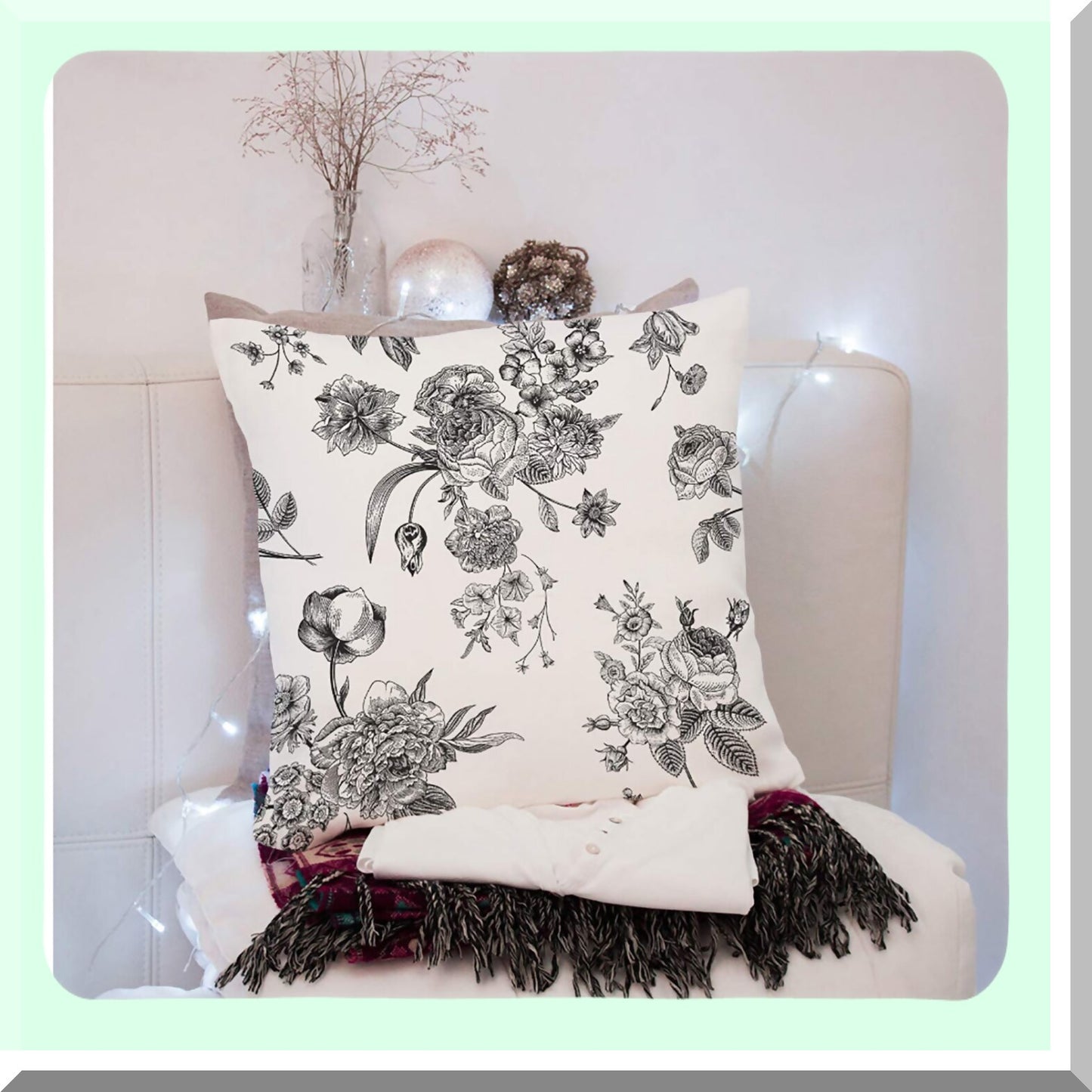Vintage Garden Floral Pillow Cover - Black Flowers & White Roses Tulips Delphinium Petunia Decorative Cushion Case 18x18 Inch