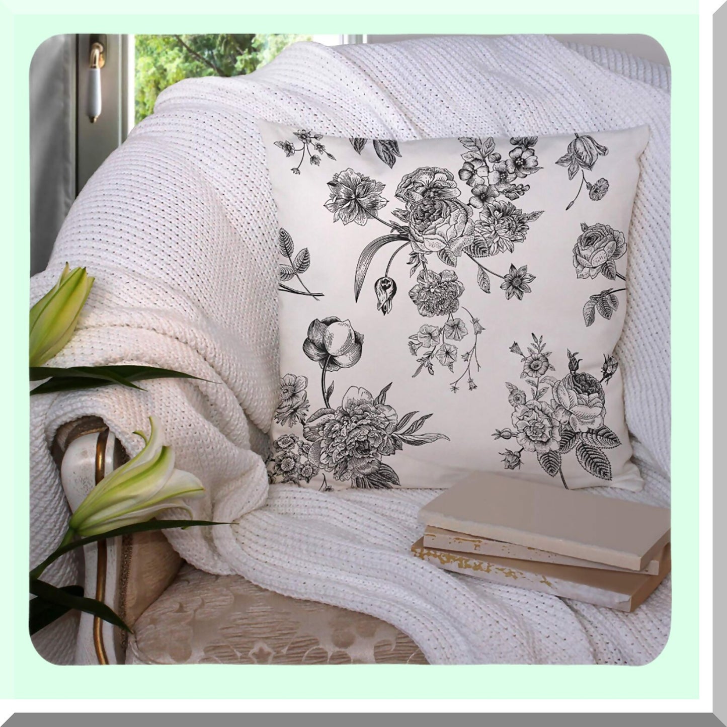 Vintage Garden Floral Pillow Cover - Black Flowers & White Roses Tulips Delphinium Petunia Decorative Cushion Case 18x18 Inch