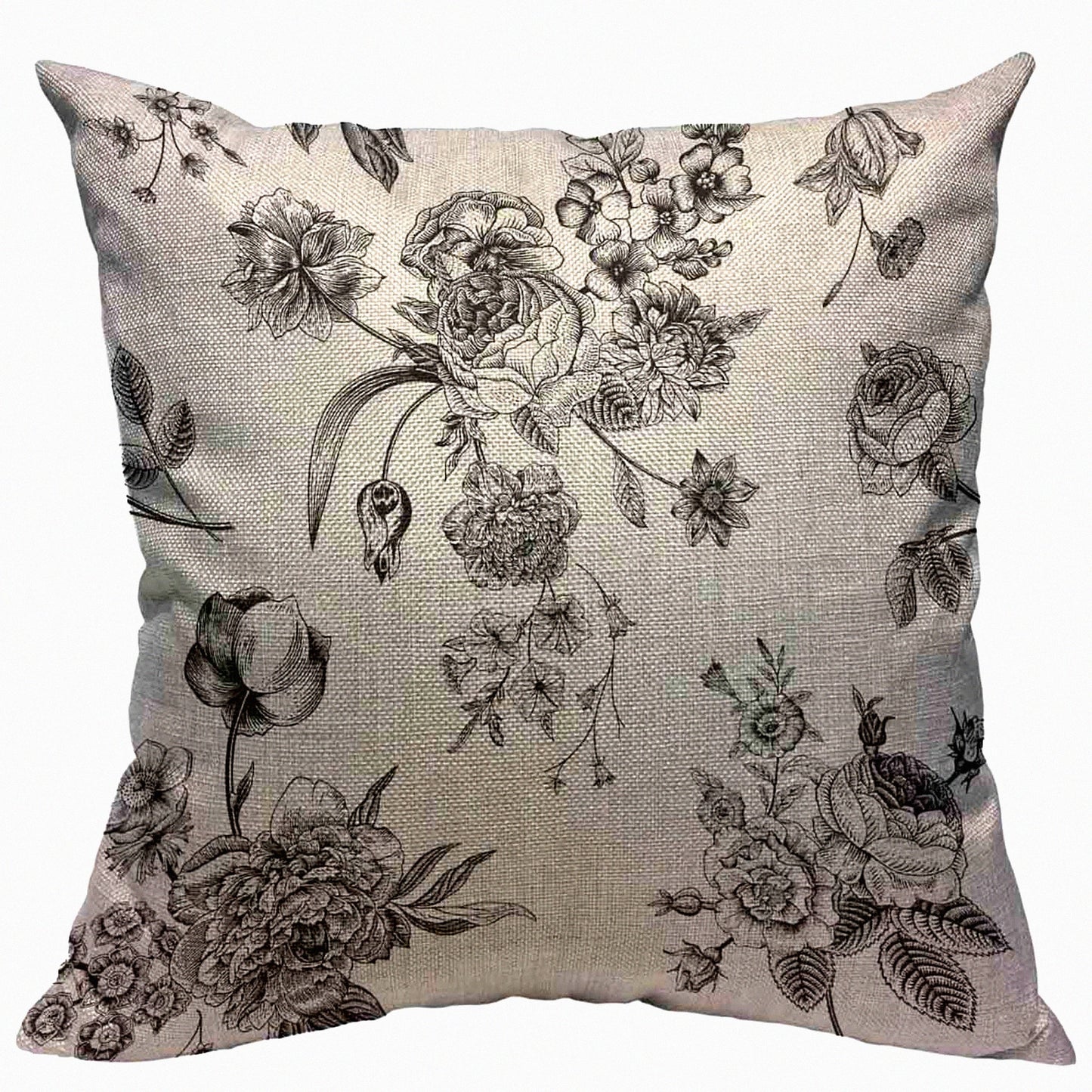 Vintage Garden Floral Pillow Cover - Black Flowers & White Roses Tulips Delphinium Petunia Decorative Cushion Case 18x18 Inch