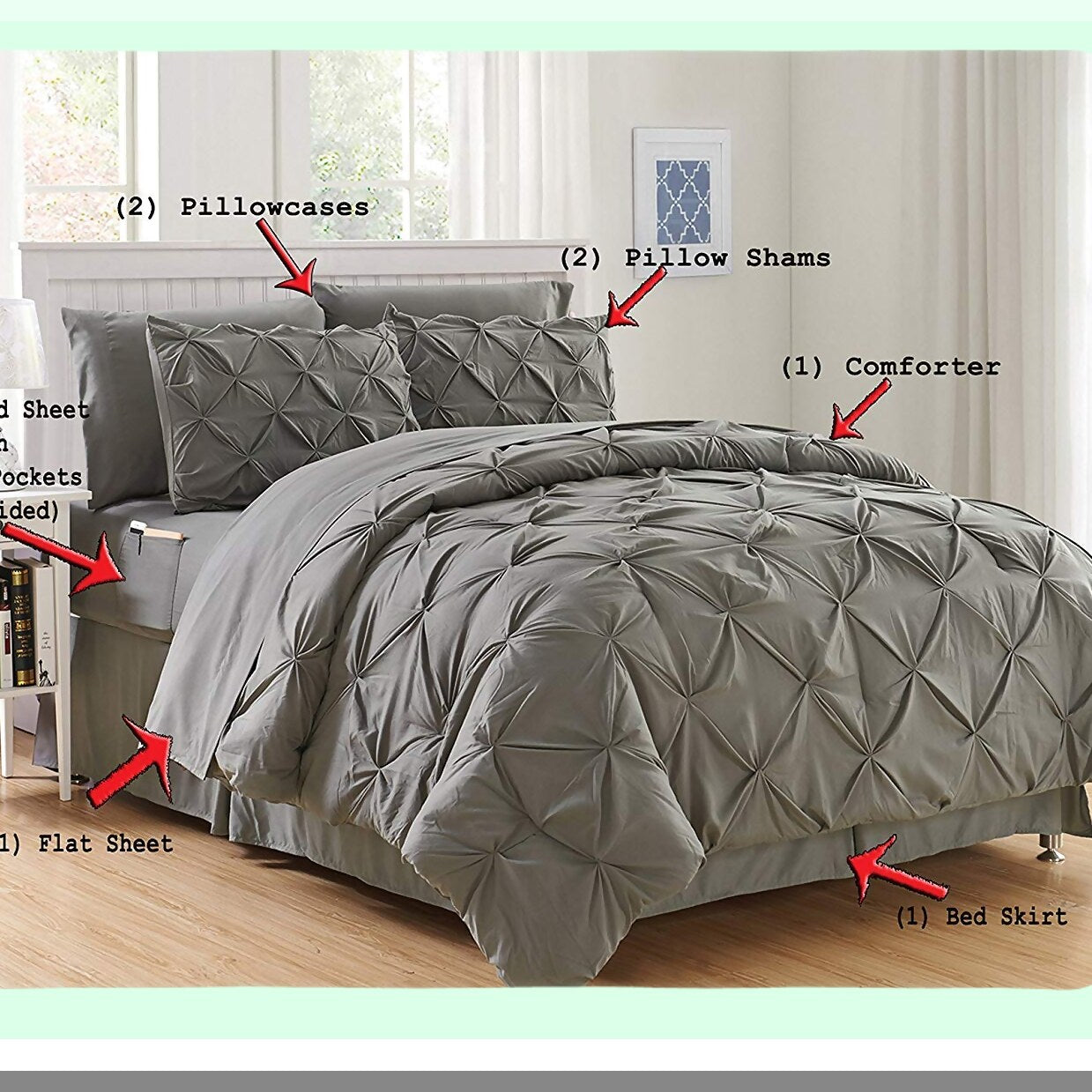 PlushDreams 6-Piece Bed-in-a-Bag Comforter Set - Softest Luxury Bedding with Double Sided Storage Pockets - Silky Soft Complete Set - Twin/Twin XL Gray